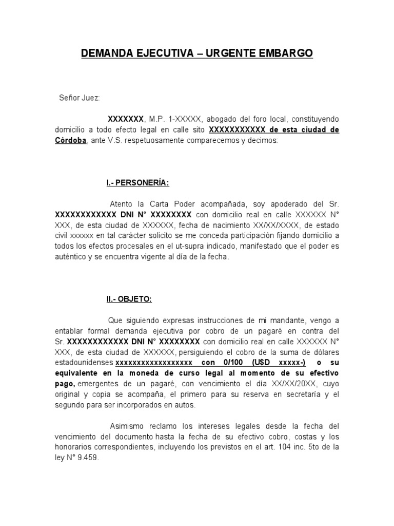 DEMANDA EJECUTIVA PAGARE Modelo | PDF | Demanda judicial | Civil