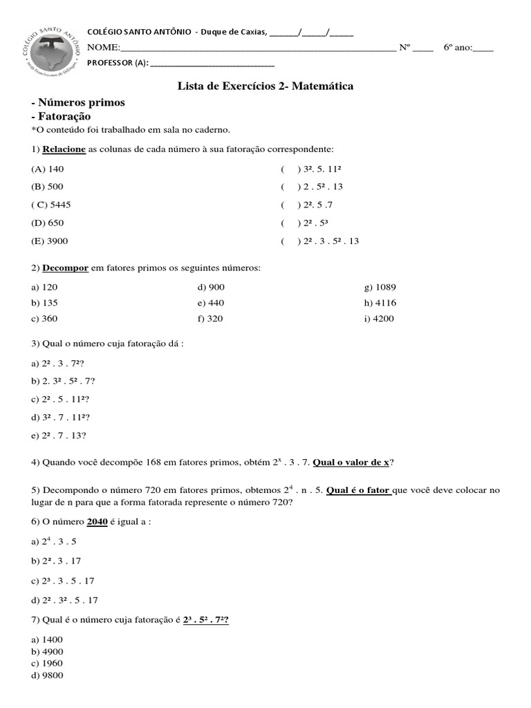 Lista 2 de Exercício de Matemática 6 Ano | PDF | Álgebra abstrata ...