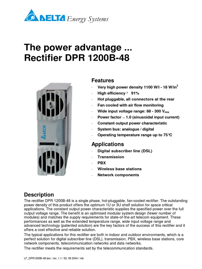 DPR 1200B-48 Rectifier Overview | PDF | Digital Subscriber Line | Rectifier