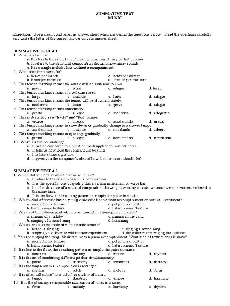 Music Summative Test Pdf Tempo Musical Forms