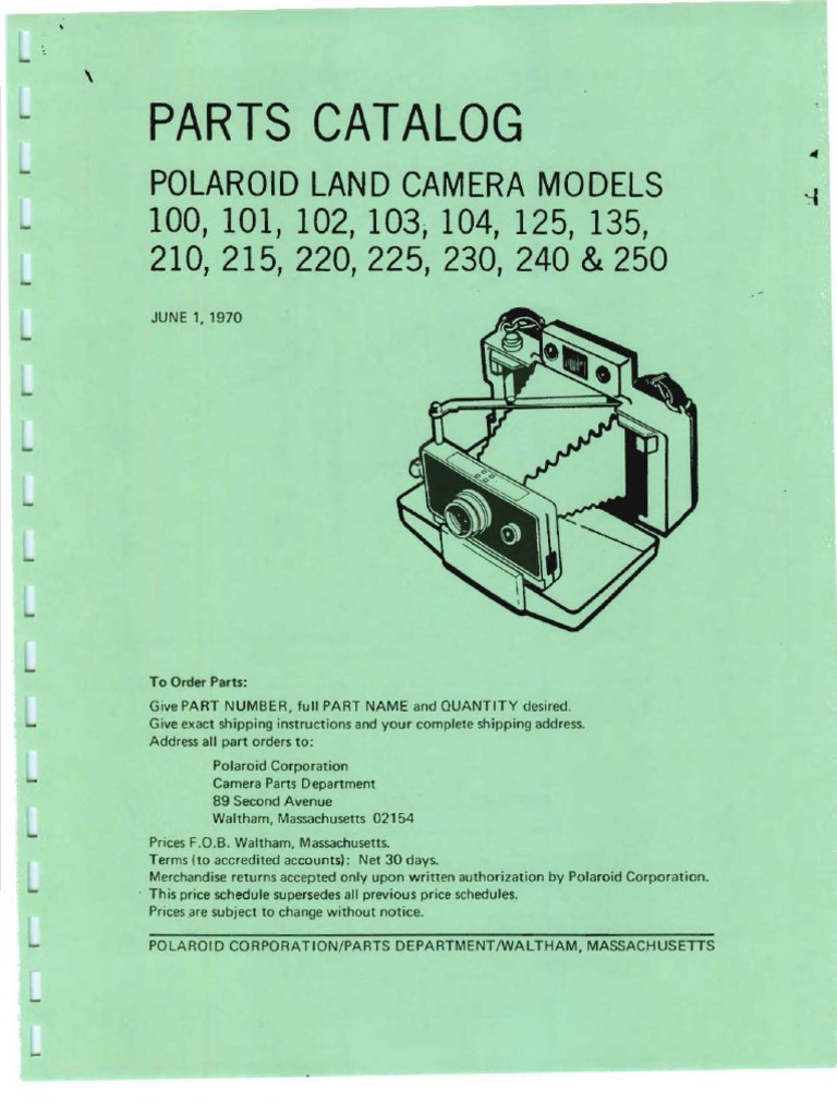 Parts Catalog - Polaroid Land Camera Models 100, 101, 102, 103, 104