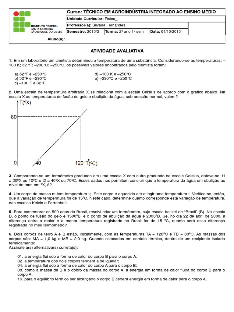 Atividades de Termometria e Calor | PDF | Celsius | Temperatura