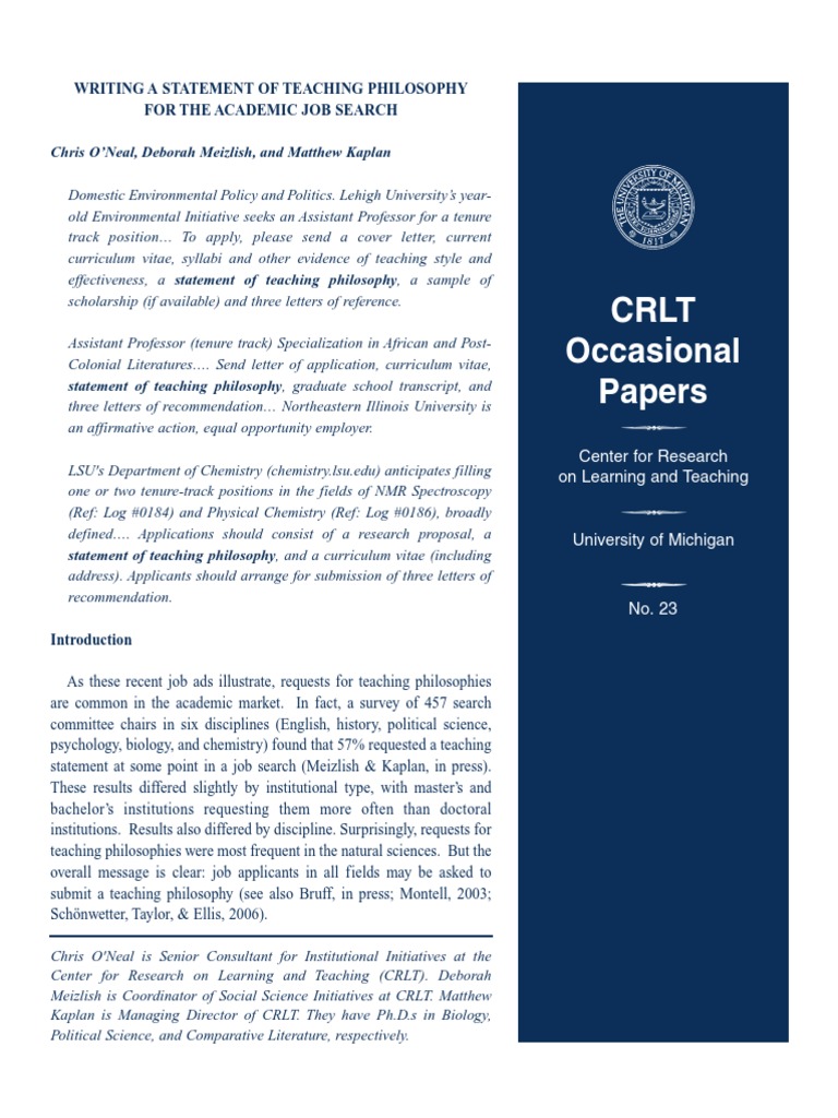 Crlt Occasional Papers Chris O Neal Deborah Meizlish And Matthew