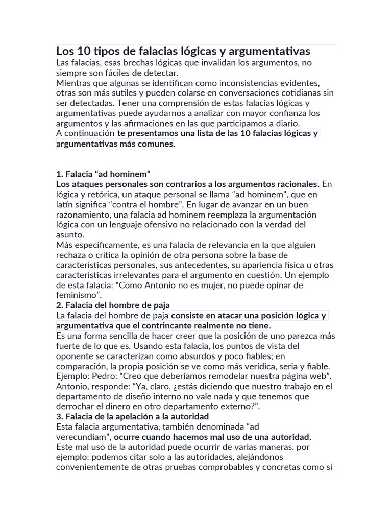 Los 10 Tipos De Falacias Lógicas Y Argumentativas Pdf Falacia Razón