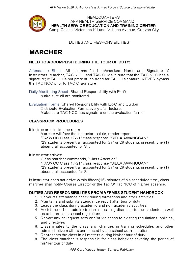 Class Marcher Duties and Responsibilities | PDF | Career & Growth