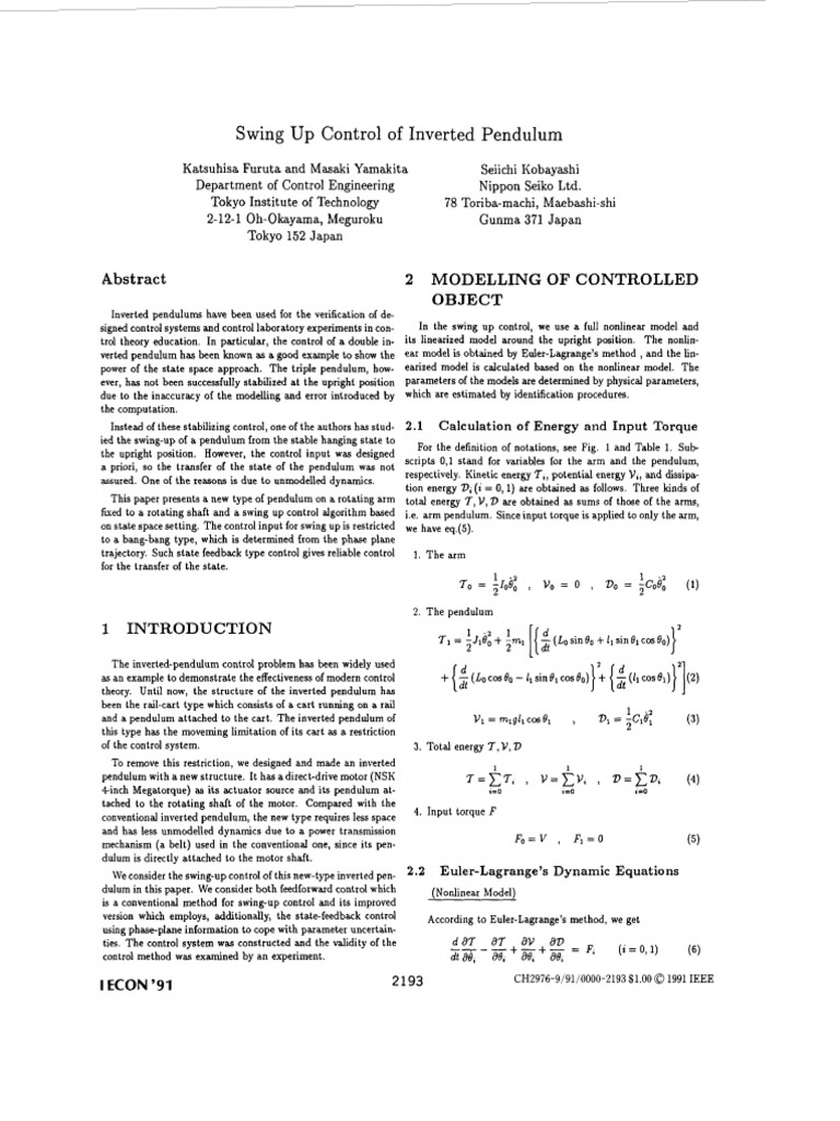 Swing Up Control Of Inverted Pendulum Pdf Nonlinear System
