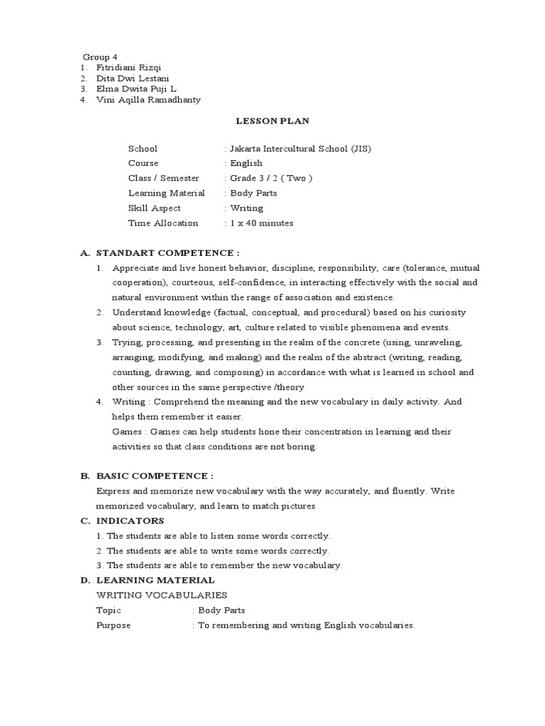 Lesson Plan Group 4 | PDF | Vocabulary | Educational Assessment