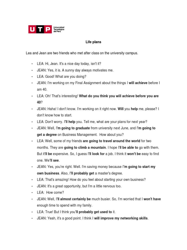 Week 13 - Script - Life Plans | PDF