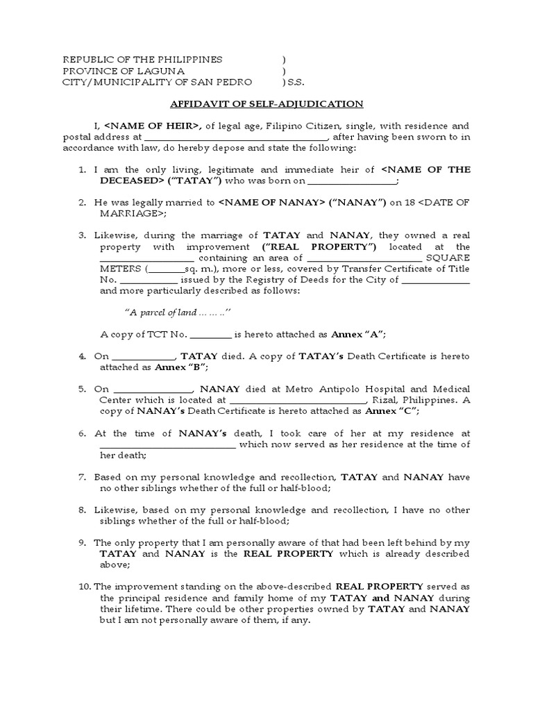 Affidavit of Self-Adjudication Sample | PDF | Affidavit | Civil Law ...
