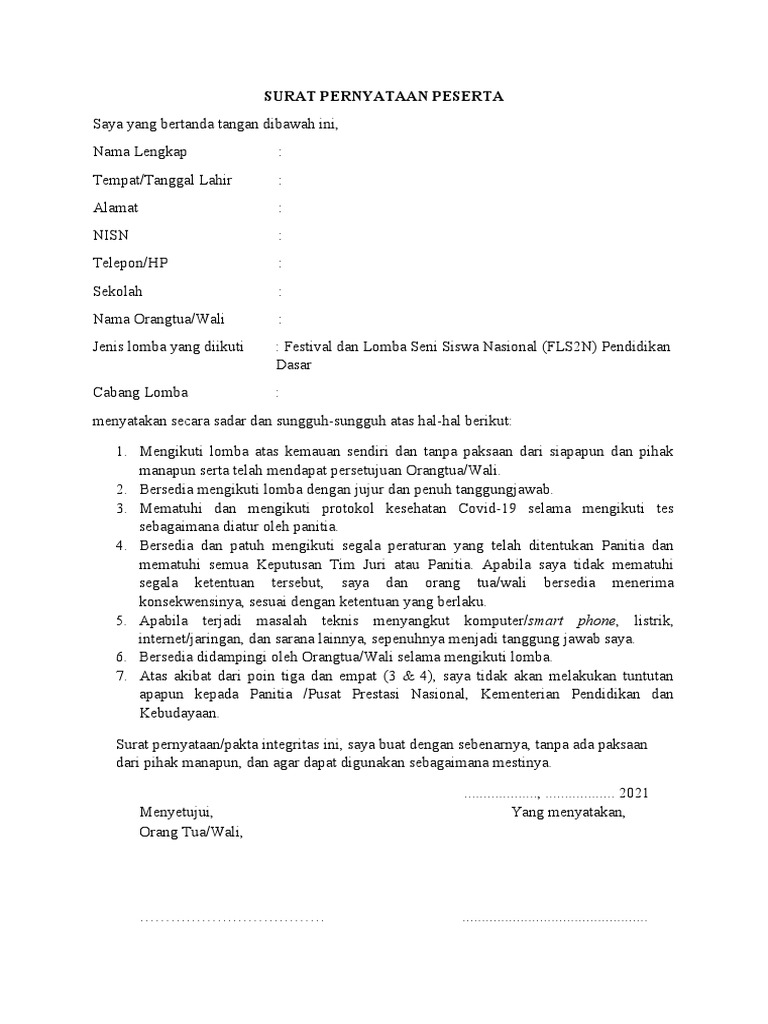 Surat Pernyataan Peserta Fls2n Dikdas 1 | PDF