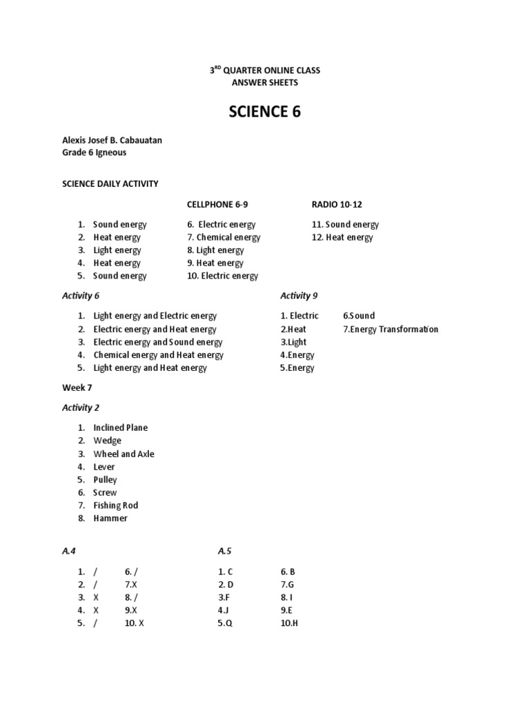 Science 6: 3 Quarter Online Class Answer Sheets | PDF | Science ...