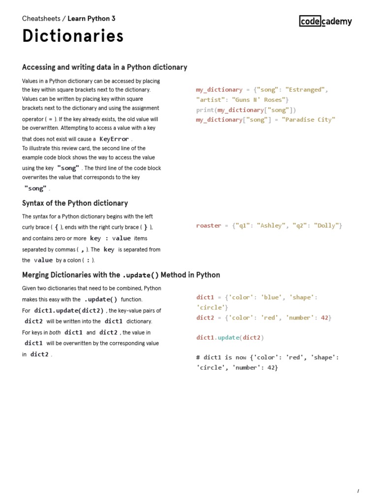 Learn Python 3 - Dictionaries Cheatsheet - Codecademy | PDF | Data Type ...