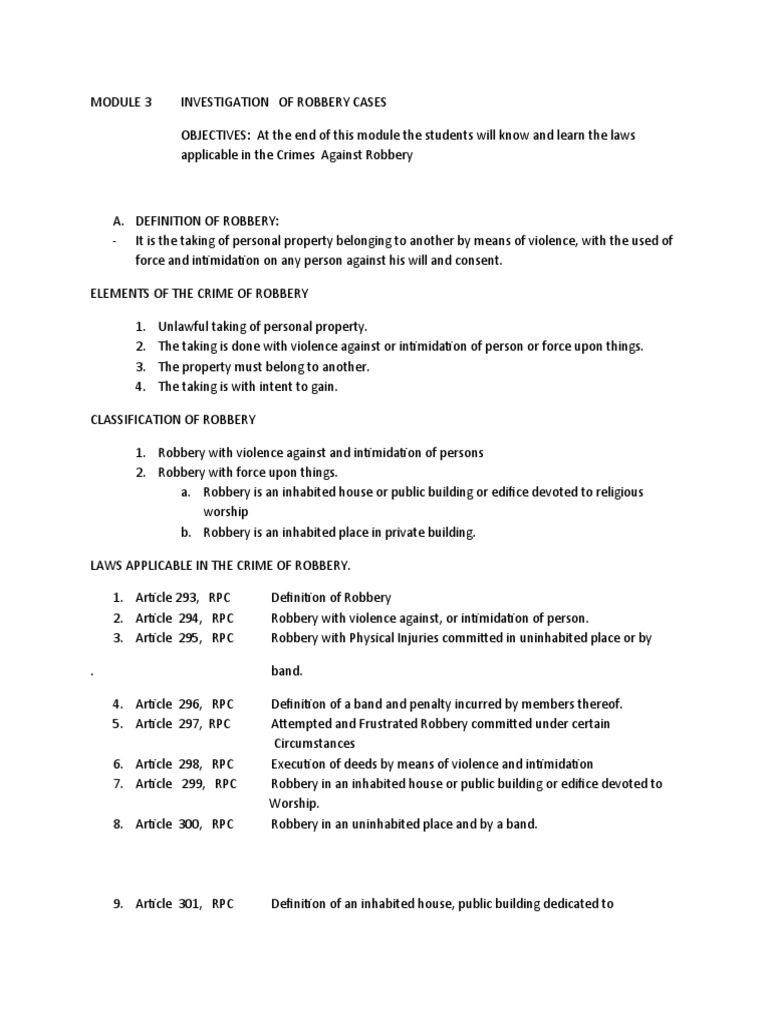 Robbery Investigation Techniques Module | PDF | Theft | Robbery