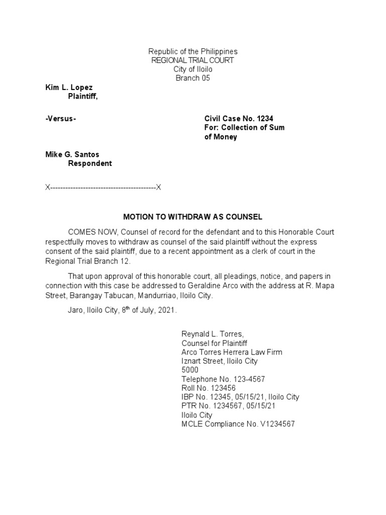 Motion to Withdraw as Counsel in Case | PDF | Legal Procedure | Lawsuit
