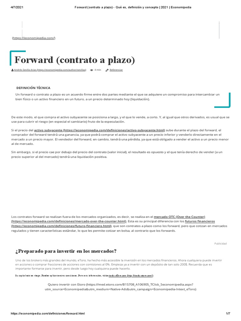 Forward (Contrato A Plazo) - Qué Es, Definición y Concepto - 2021 ...