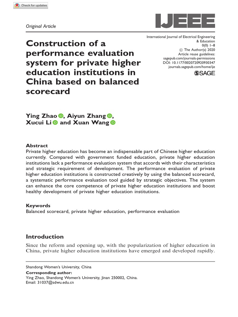 Construction of A Performance Evaluation System For Private Higher  Education Institutions in China Based On Balanced Scorecard | PDF |  Teachers | Economic Growth