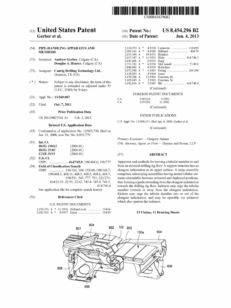 Pipe Handling Apparatus Patent | PDF | Machines | Drilling Rig