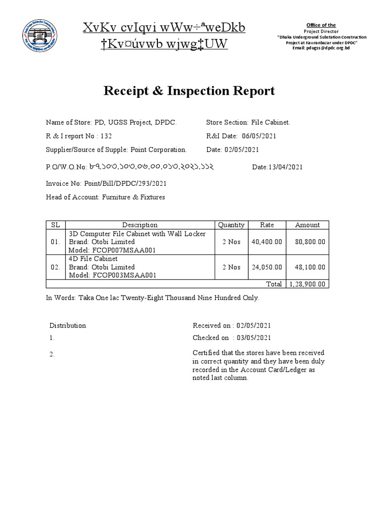 Receipt & Inspection Report: XVKV Cviqvi WWW÷ Wedkb KV Úvwb WJWG Uw ...