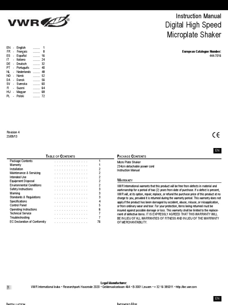 VWR Digital High Speed Microplate Shaker Instruction Manual PDF Ac Power Plugs And Sockets