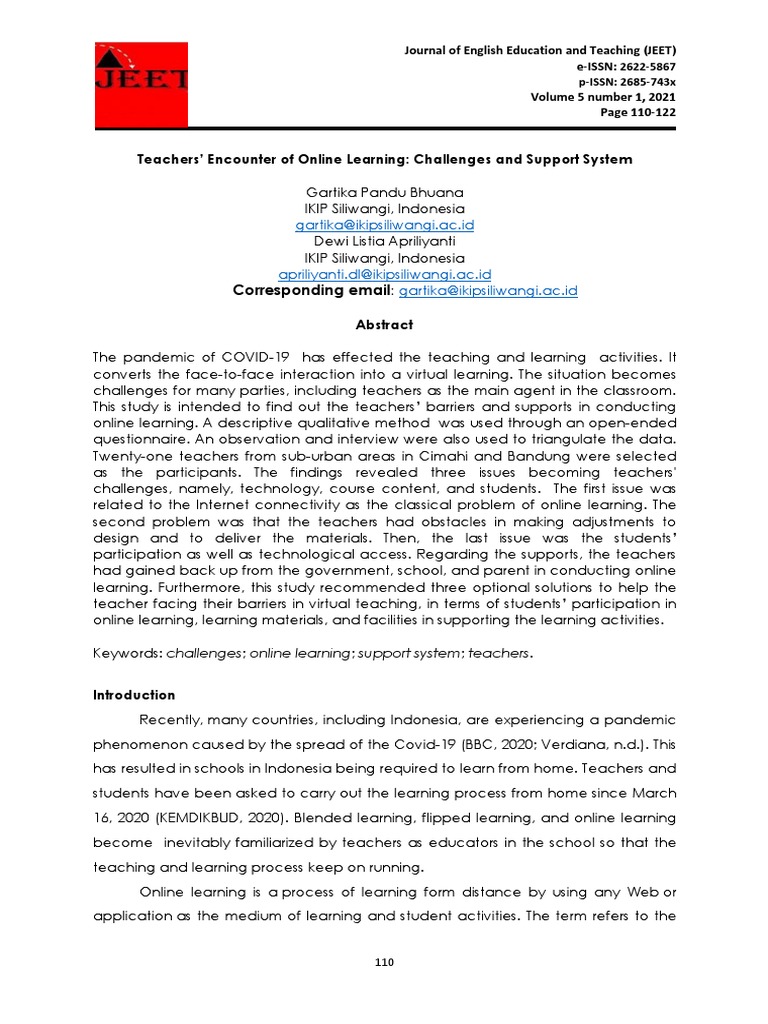 Teachers Encounter Of Online Learning Challenges And Support System