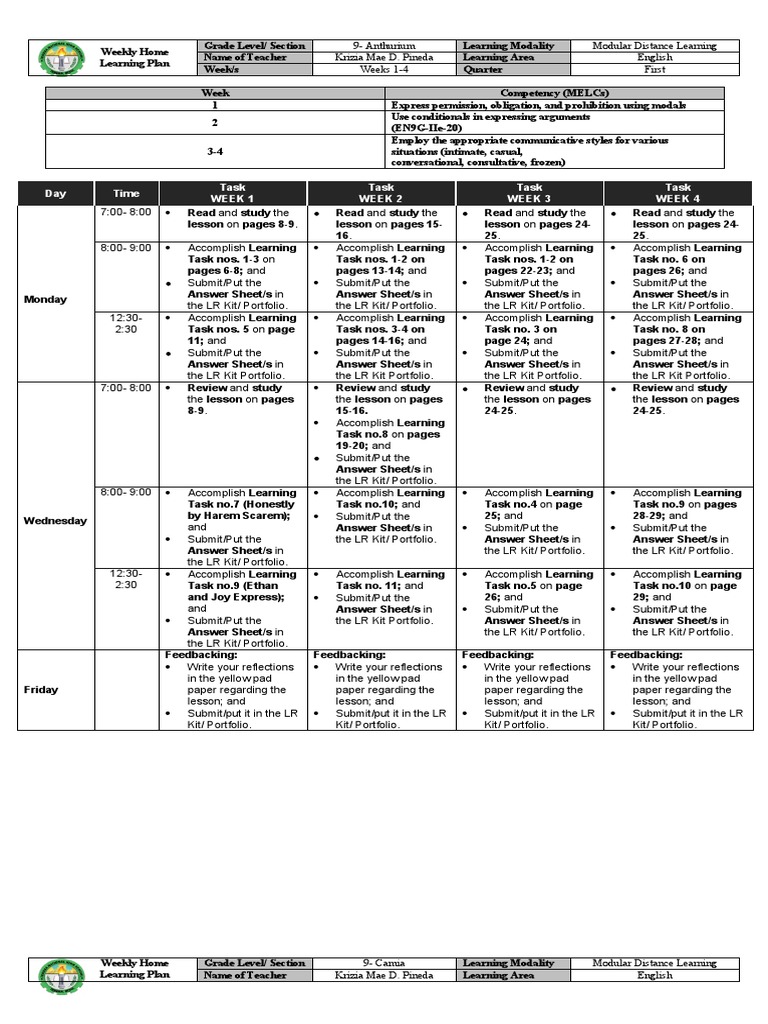 Weekly Home Learning Plan Quarter 1 MDL | PDF | Internet Search Engines ...