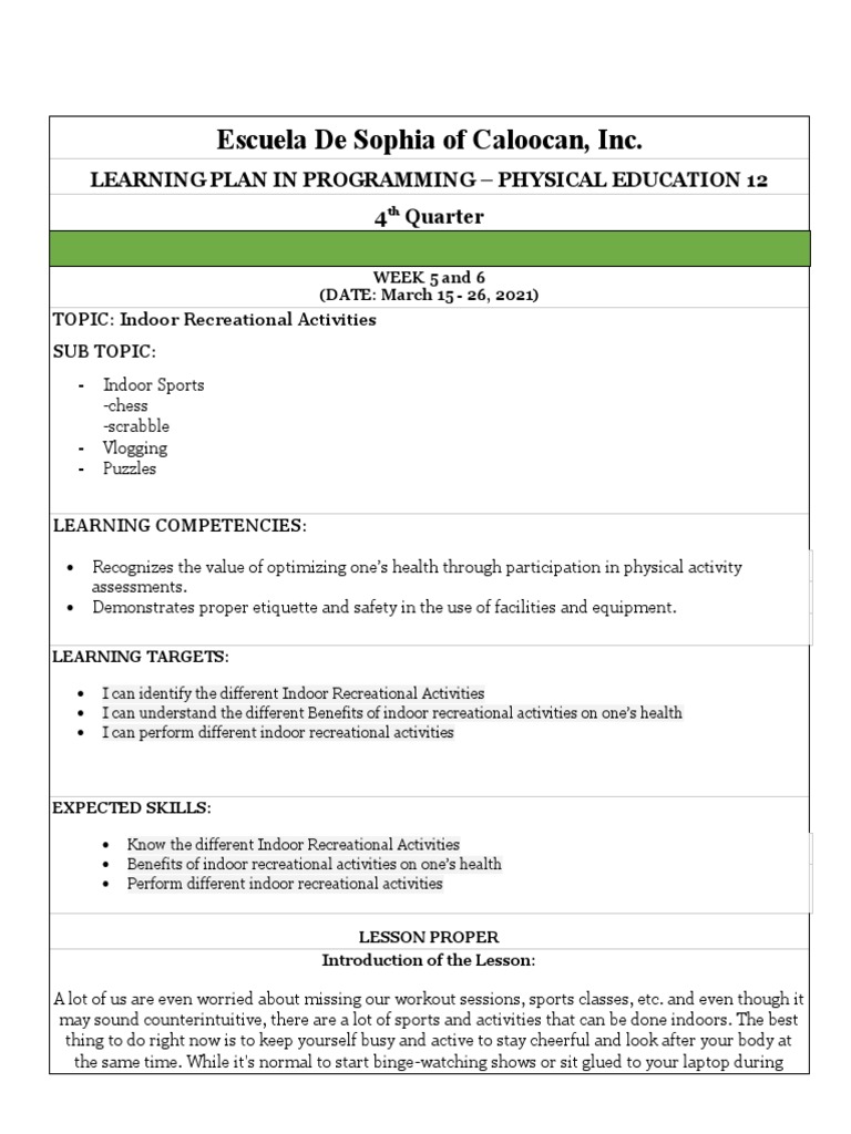 Indoor Recreational Activities Plan | PDF | Physical Education ...