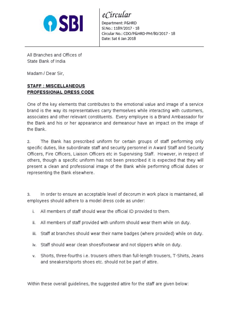 SBI Employee Professional Dress Code | PDF | Clothing | Softlines (Retail)