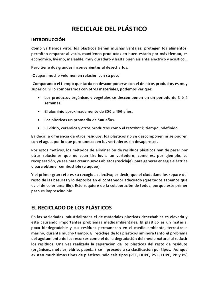 Apuntes Reciclaje de Los Plásticos | PDF | El plastico | Reciclaje