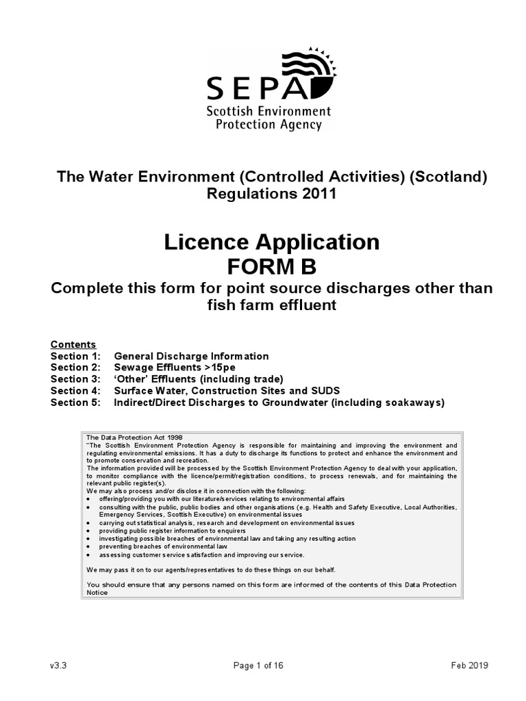 Licence Application Form B The Water Environment (Controlled