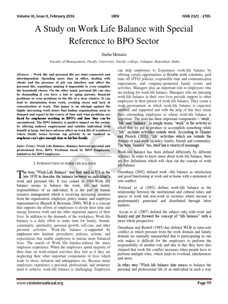 A Study On Work Life Balance With Special Reference To BPO Sector | PDF ...