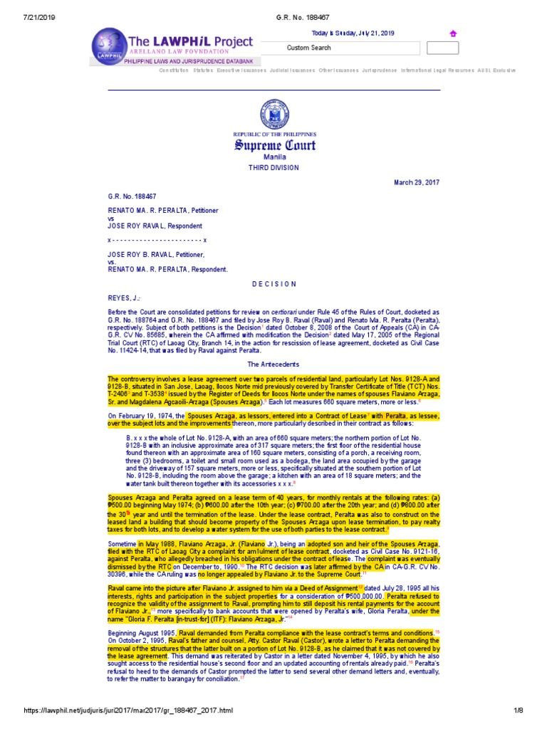 Lease Dispute: Peralta vs. Raval Case | PDF | Assignment (Law) | Lease