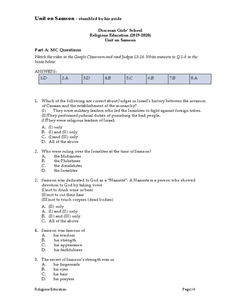 Unit On Samson: Part A: MC Questions | PDF | Samson | Delilah