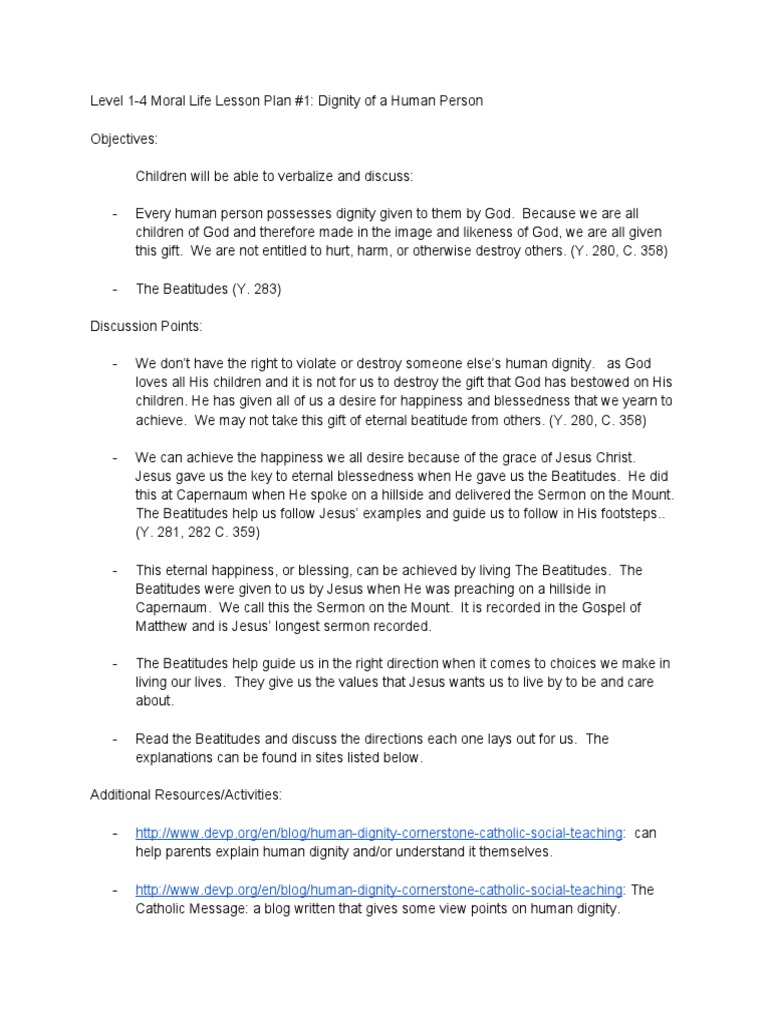Dignity and Beatitudes Lesson Plan | PDF | Conscience | Virtue