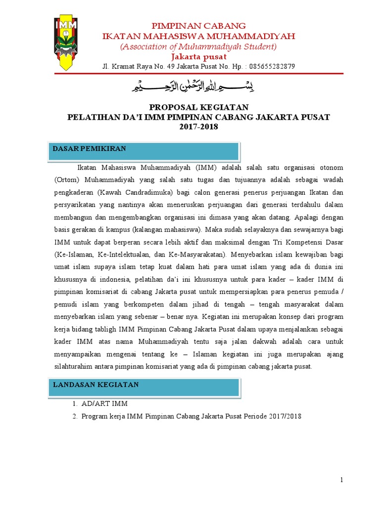 Proposal Pelatihan Da’i Kader IMM | PDF | Karier & Perkembangan | Ilmu ...
