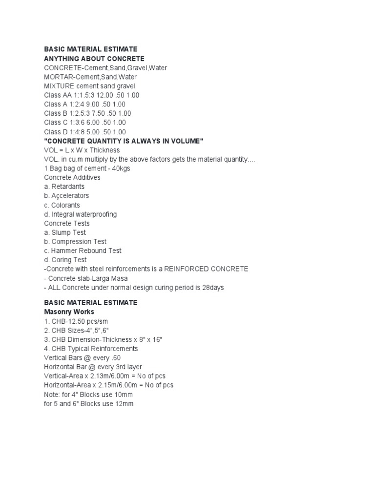 Concrete and Masonry Material Estimation | PDF | Concrete | Building ...