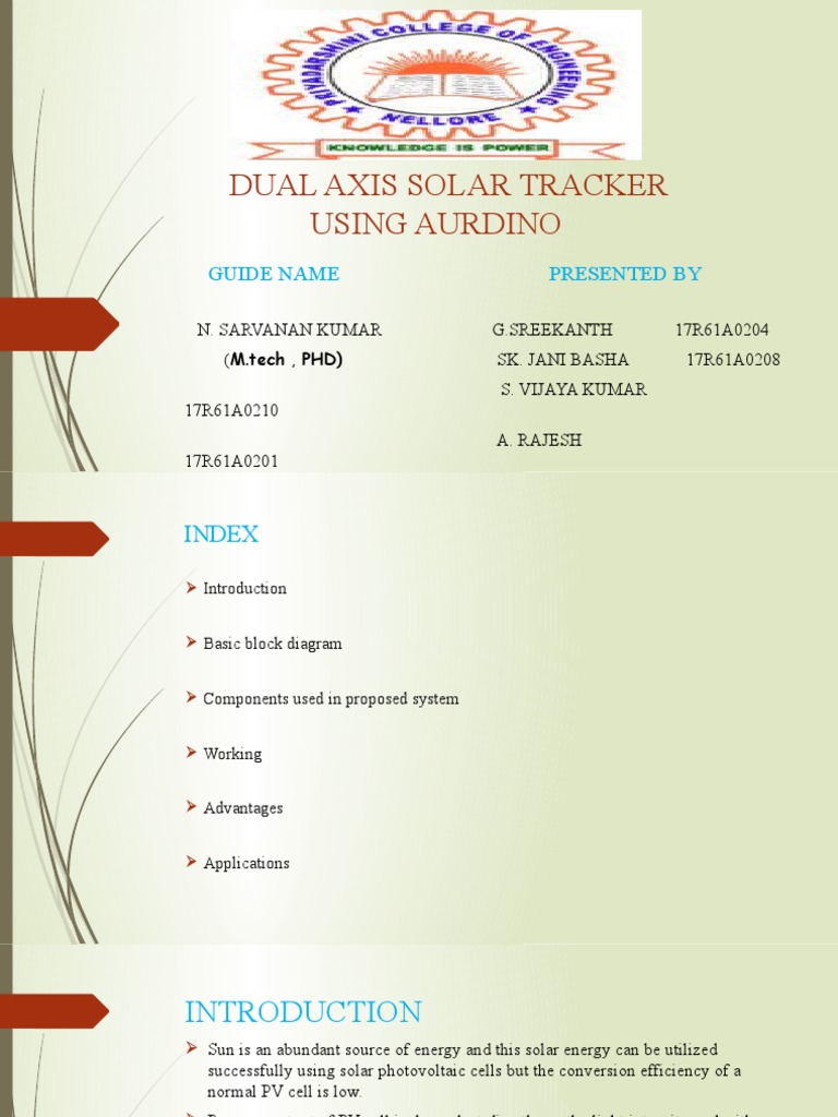 Dual Axis Solar Tracker Using Aurdino: Guide Name Presented by | PDF ...
