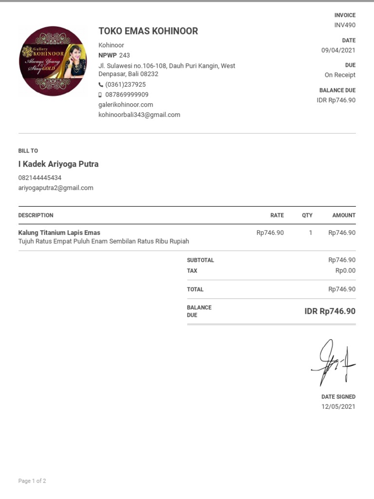 Invoice for Kalung Titanium Purchase | PDF