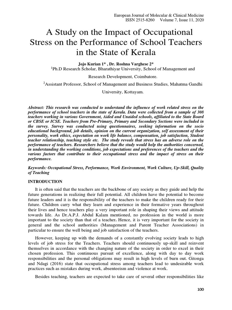 Occupational Stress Impact on Kerala Teachers | PDF | Occupational ...