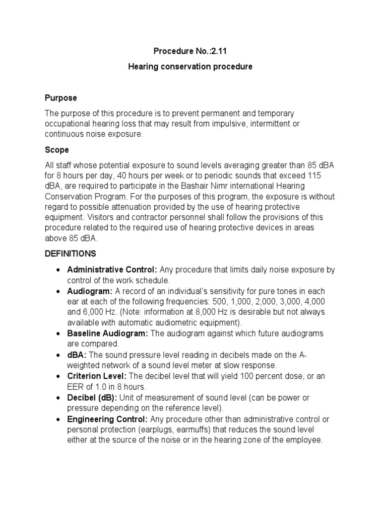 Hearing Conservation Procedure PDF Noise Decibel