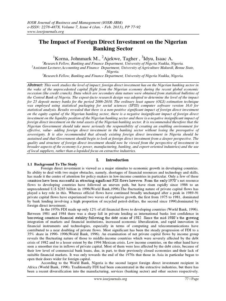 Impact of FDI on Nigerian Banking Sector | PDF | Foreign Direct ...