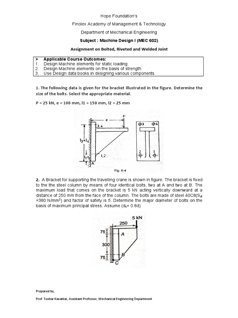 Assignment On Bolted, Riveted and Welded Joint Download Free PDF