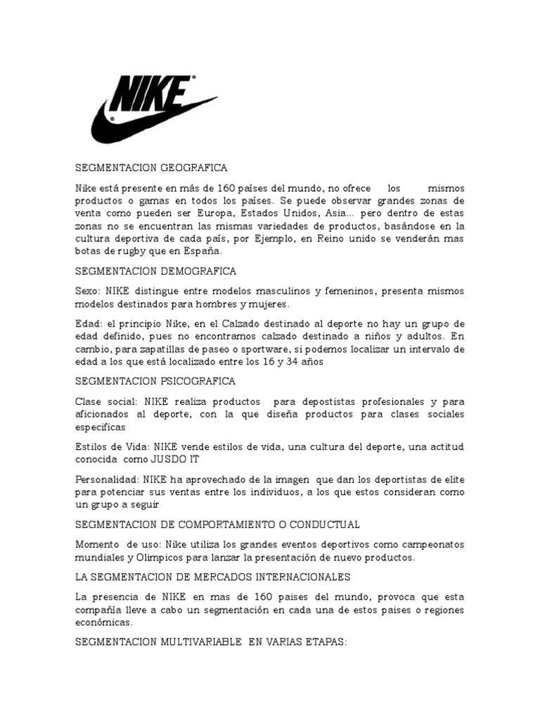 Coche Regularidad Hacer la cama Segmentacion de Mercado Internacional | PDF | Nike | Deportes