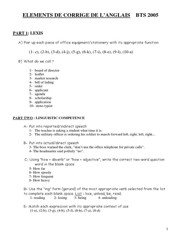 Elements De Corrige De L Anglais Bts 2005 1 C 2 B 3 D 4 J