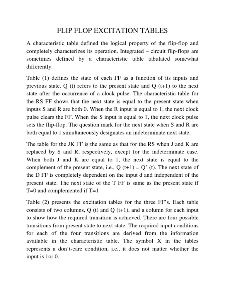 Flip Flop Excitation Tables PDF Electronics Electrical Engineering