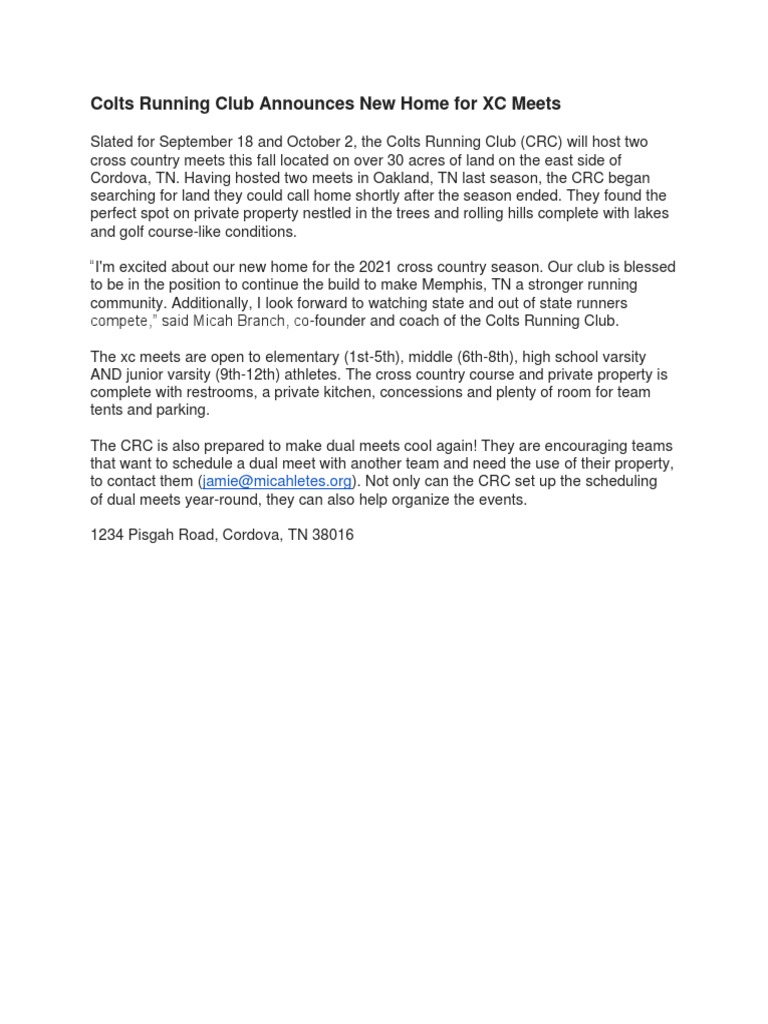 Colts Running Club's New XC Meet Venue | PDF | Sports & Recreation