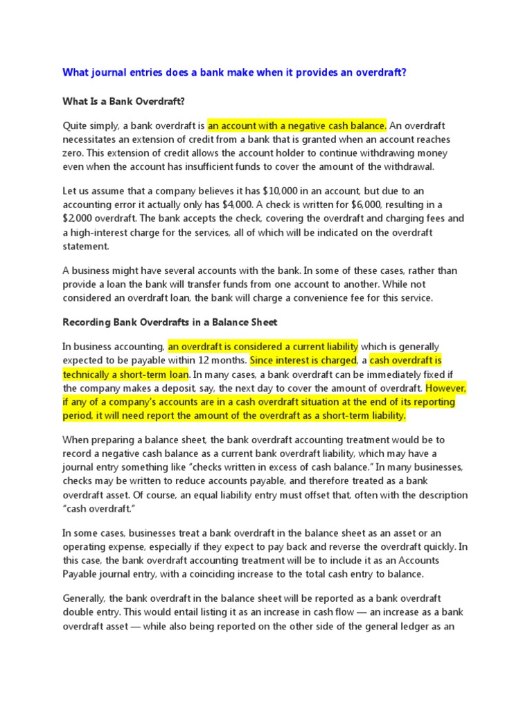 Cash and Cash Equivalents Bank Overdrafts PDF Overdraft Banks