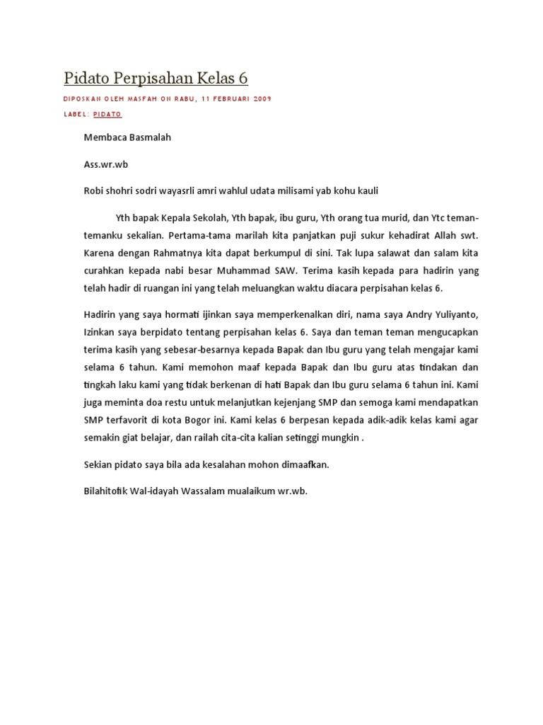 Pidato Perpisahan Kelas 6 Pidato Perpisahan Kelas 6