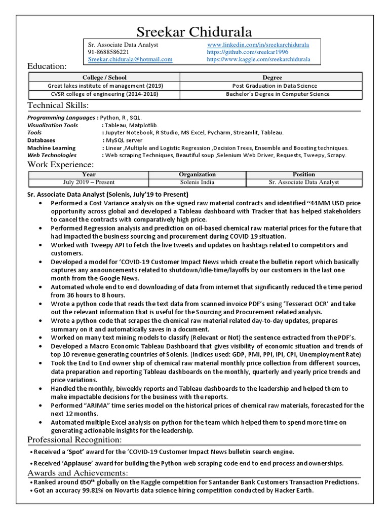 Sr. Associate Data Analyst Profile | PDF | Data Management | Computer ...