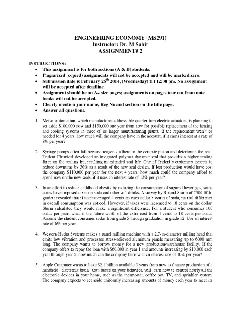 Engineering Economy Assignment 2 | PDF | Interest | Interest Rates