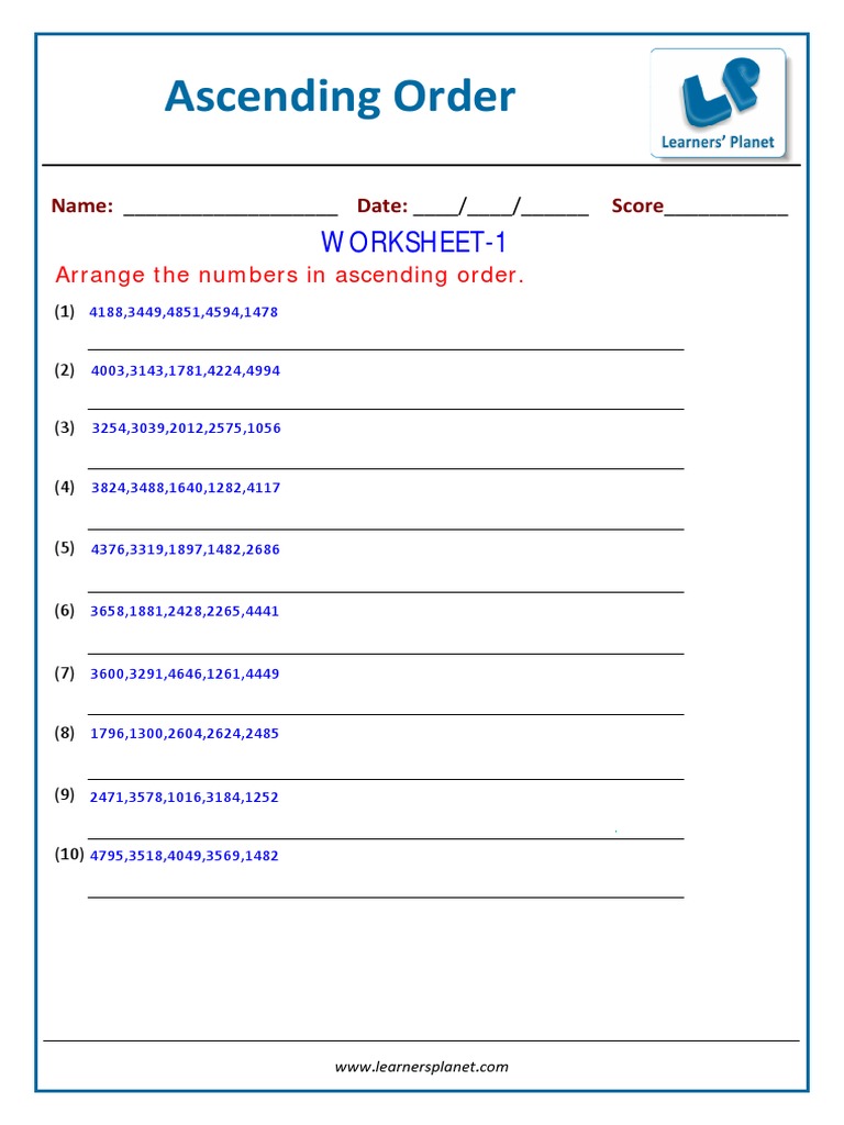 Ascending Order Worksheets for Grades 1-6 | PDF